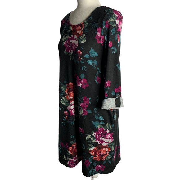 Apt 9 Floral Flannel Sweater Dress S Black Roll Tab Sleeve Pull Over Round Neck - Picture 3 of 6